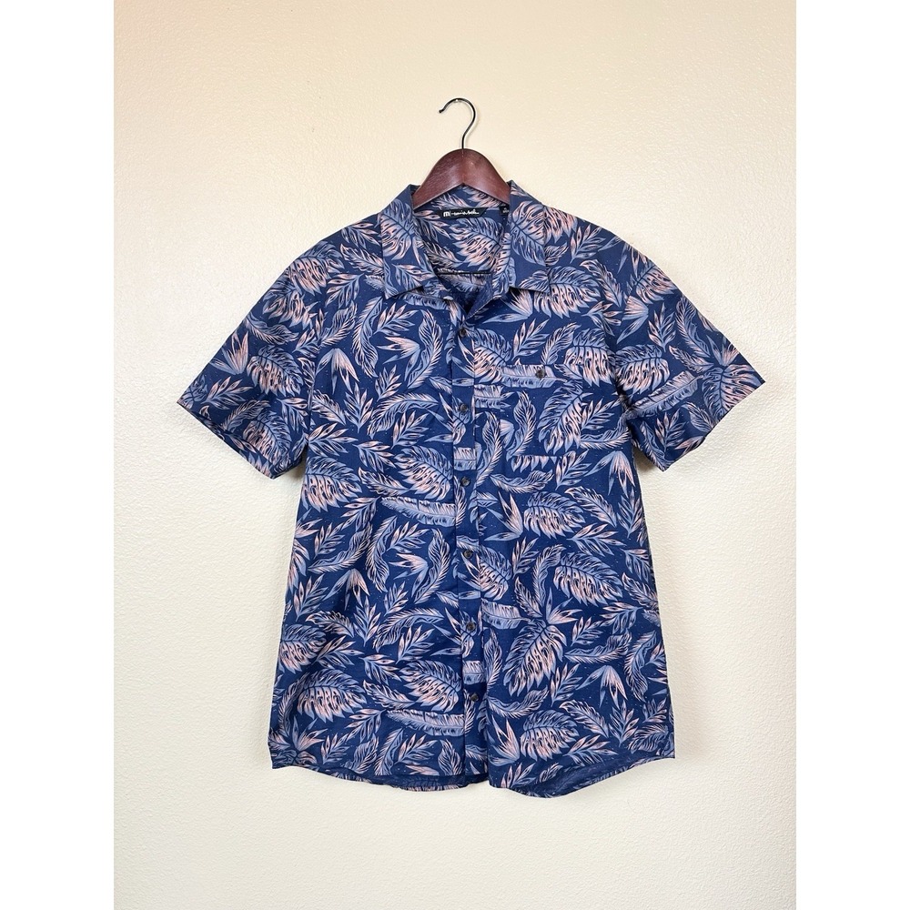 Travis Mathew Button Up Men's XL Port Royal Navy Hawaiian Tropical Floral Shirt